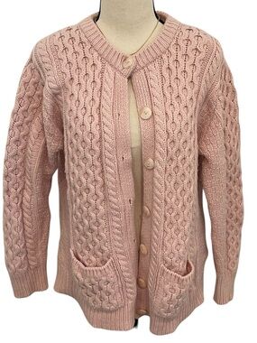 Aran Crafts | soft merino wool button front cable knit cardigan Soft Pink Sz M